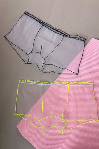 Кольорові прозорі чоловічі труси з сіточки - бренд NANIKA. Вид згори, на фотофоні.